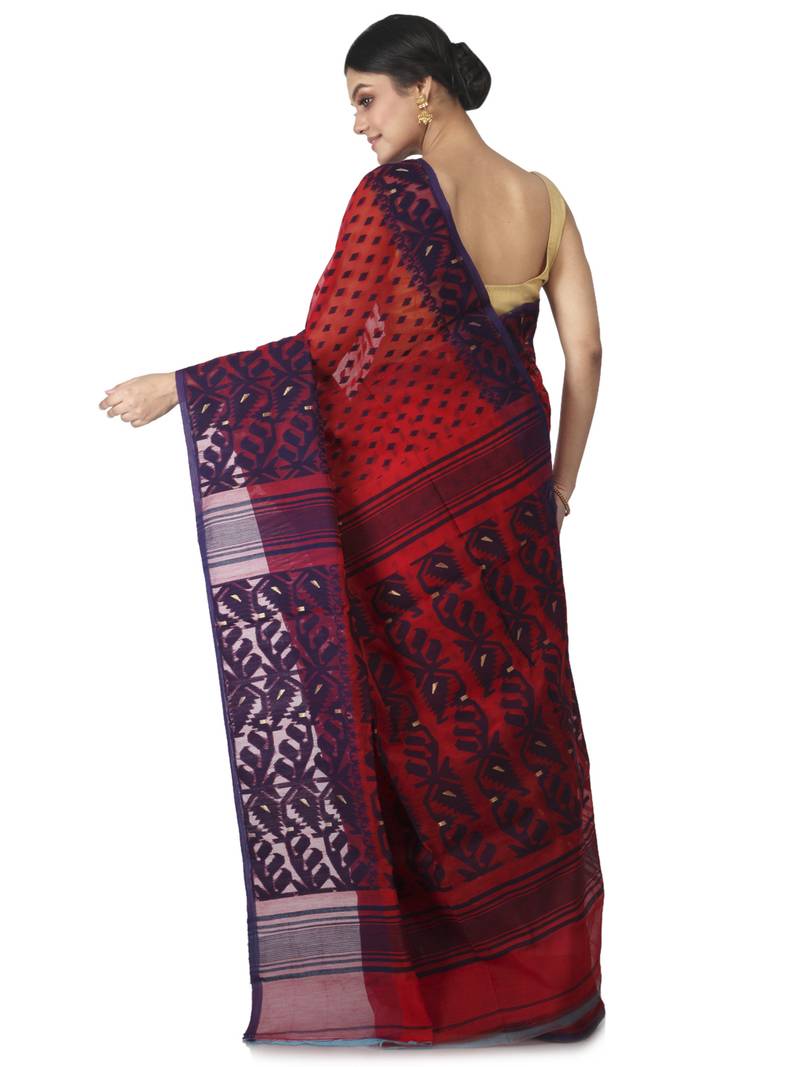 Red Hand Woven Cotton Jamdani Sarees Without Blouse