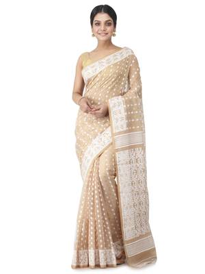 Beige Hand Woven Cotton Jamdani Sarees Without Blouse 1