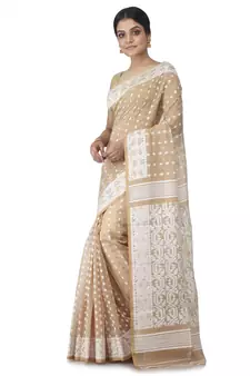 Beige Hand Woven Cotton Jamdani Sarees Without Blouse