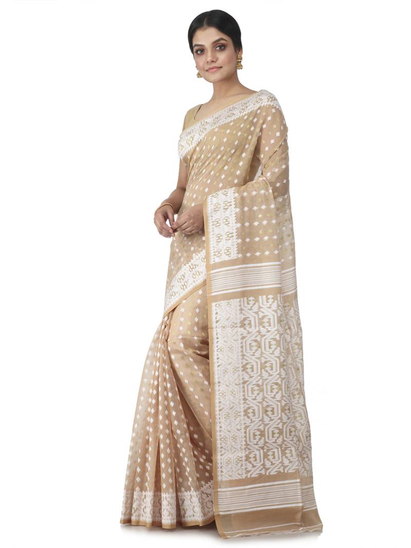 Beige Hand Woven Cotton Jamdani Sarees Without Blouse