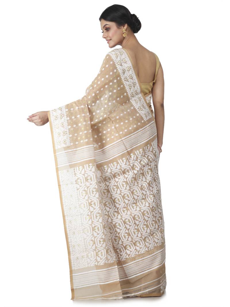 Beige Hand Woven Cotton Jamdani Sarees Without Blouse