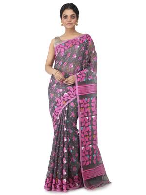 Grey Hand Woven Cotton Jamdani Sarees Without Blouse 1