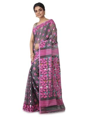 Grey Hand Woven Cotton Jamdani Sarees Without Blouse 2