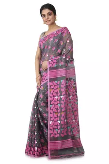 Grey Hand Woven Cotton Jamdani Sarees Without Blouse