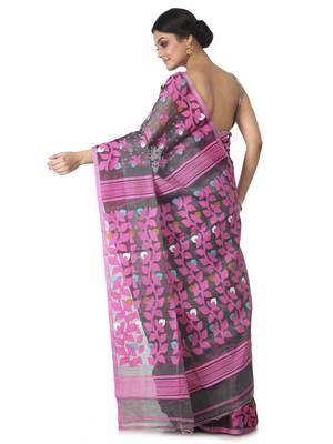 Grey Hand Woven Cotton Jamdani Sarees Without Blouse 3