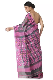 Grey Hand Woven Cotton Jamdani Sarees Without Blouse