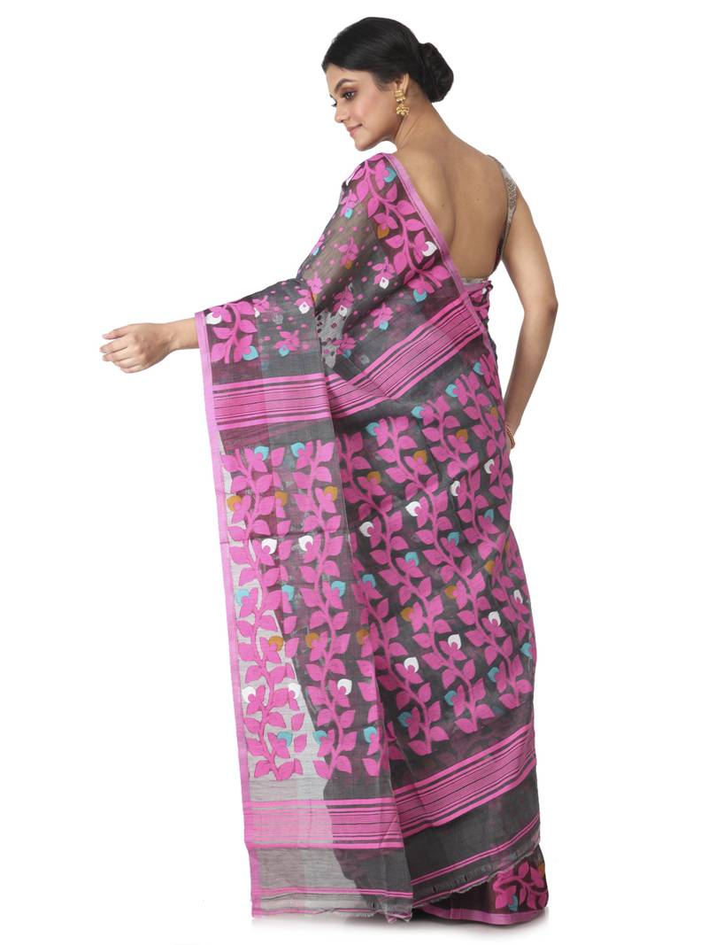 Grey Hand Woven Cotton Jamdani Sarees Without Blouse