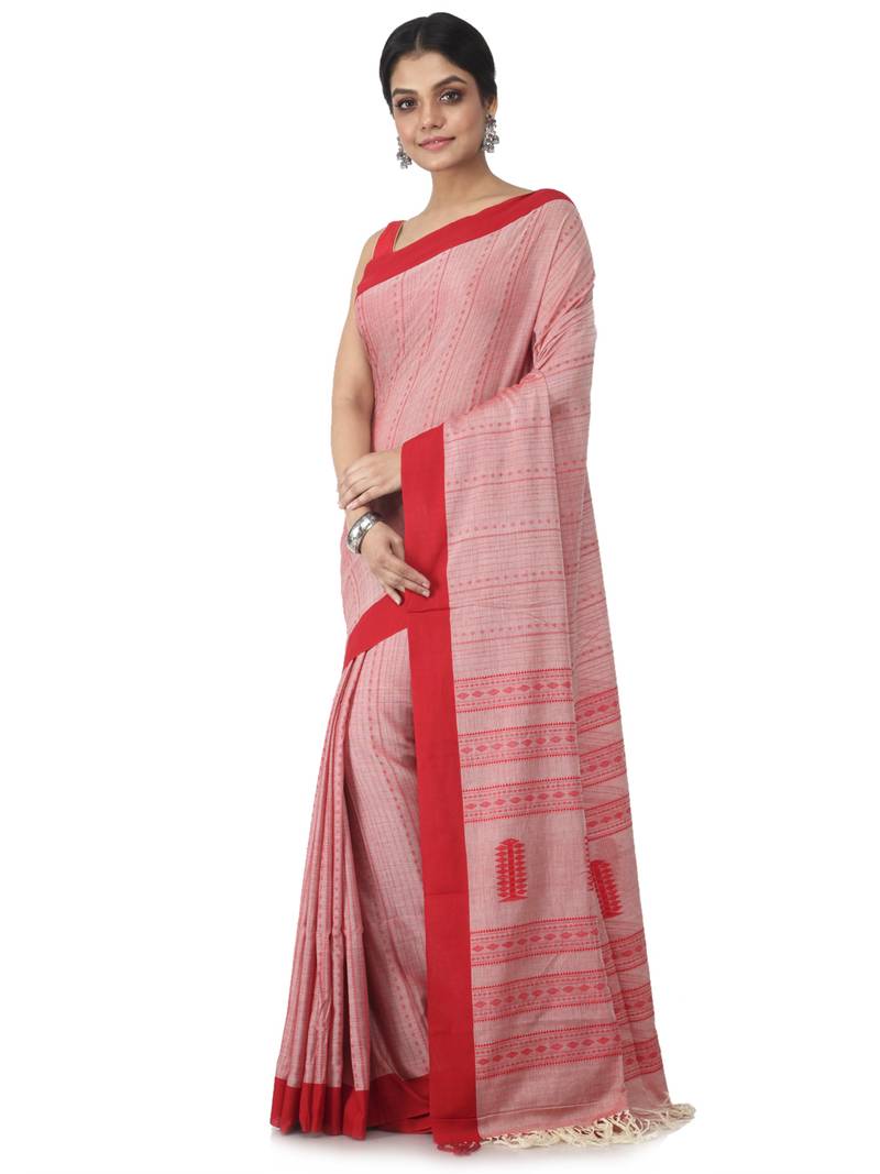 light red hand woven pure cotton handloom sarees