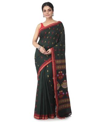 dark green hand woven pure cotton handloom sarees 1