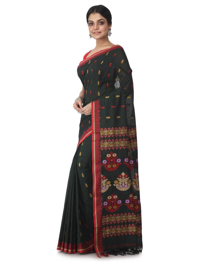 dark green hand woven pure cotton handloom sarees