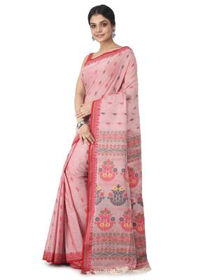 light red hand woven pure cotton handloom sarees 2