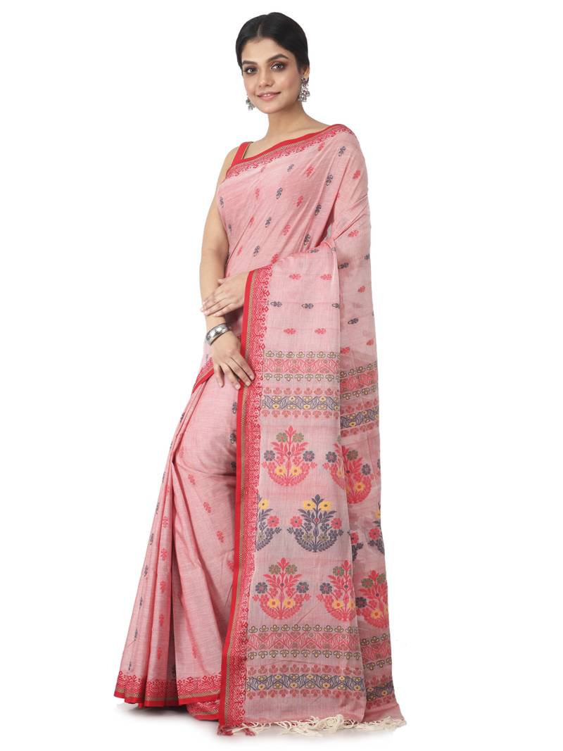 light red hand woven pure cotton handloom sarees