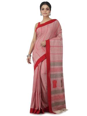 light red hand woven pure cotton handloom sarees 1