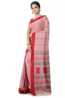 light red hand woven pure cotton handloom sarees