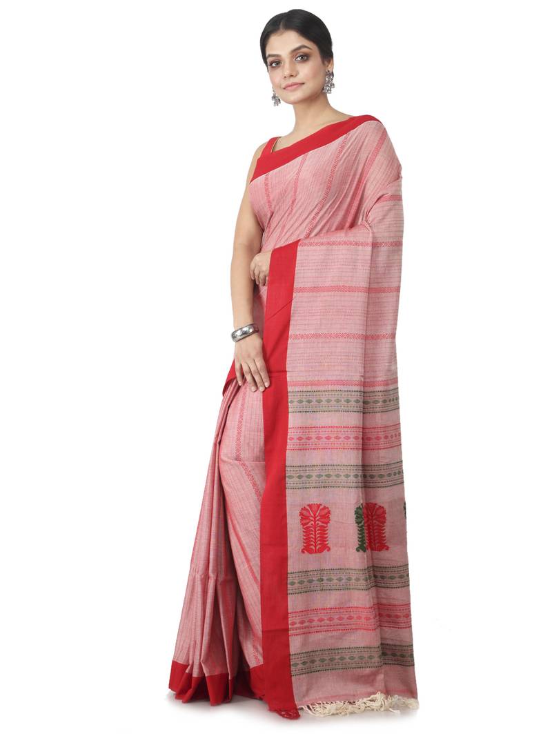 light red hand woven pure cotton handloom sarees