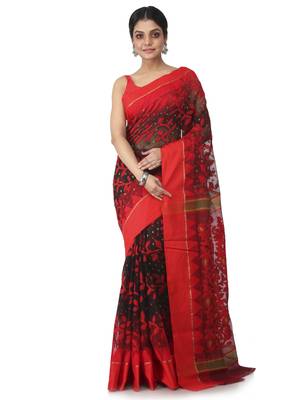 Black Hand Woven Cotton Jamdani Sarees Without Blouse 1
