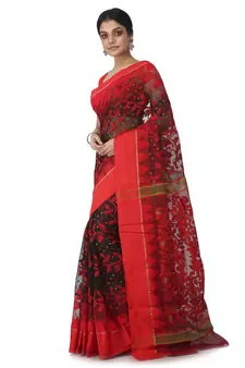 Black Hand Woven Cotton Jamdani Sarees Without Blouse