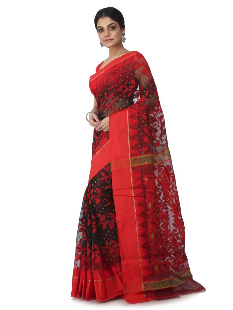 Black Hand Woven Cotton Jamdani Sarees Without Blouse