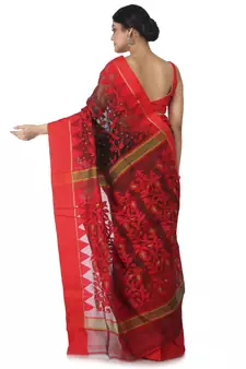 Black Hand Woven Cotton Jamdani Sarees Without Blouse