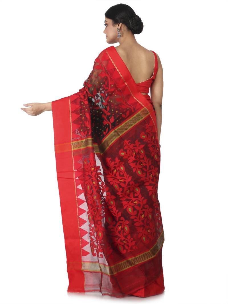 Black Hand Woven Cotton Jamdani Sarees Without Blouse