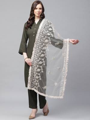Sutram Net Lakhnavi Grey Embroidery Dupatta 1