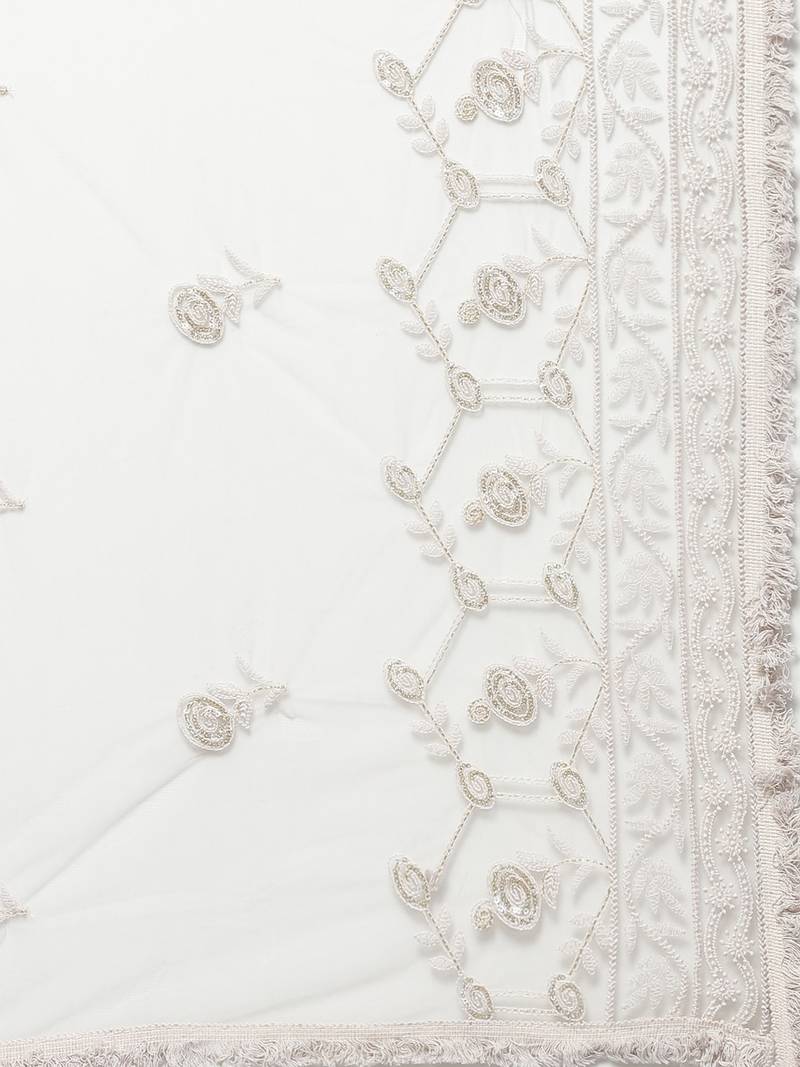 Sutram Net Lakhnavi Grey Embroidery Dupatta