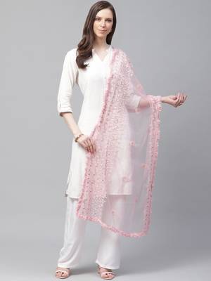 Sutram Net Lakhnavi Pink Embroidery Dupatta 1