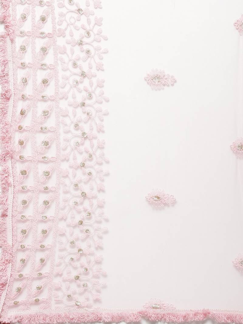 Sutram Net Lakhnavi Pink Embroidery Dupatta