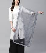 Sutram Net Lakhnavi Dark Grey Embroidery Dupatta