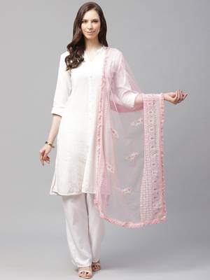 Sutram Net Lakhnavi Pink Embroidery Dupatta 1