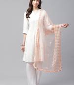Sutram Net Lakhnavi Peach Embroidery Dupatta