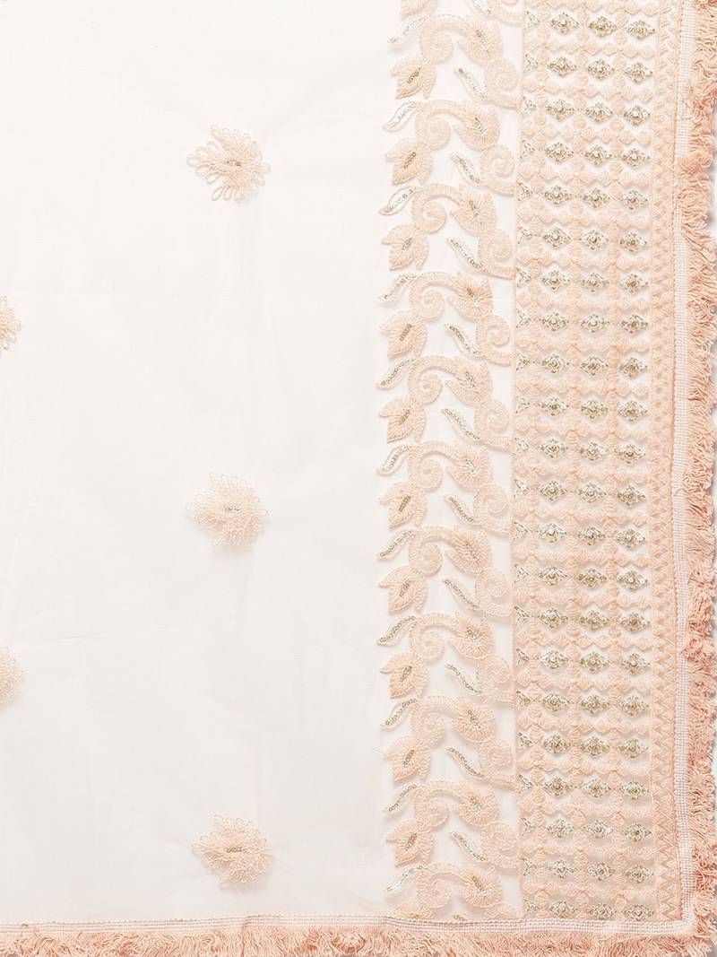 Sutram Net Lakhnavi Peach Embroidery Dupatta