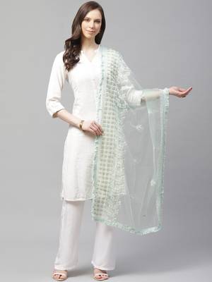 Sutram Net Lakhnavi Sea Green Embroidery Dupatta 1