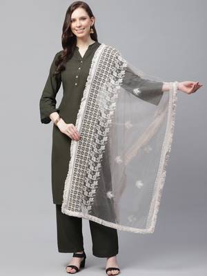 Sutram Net Lakhnavi Grey Embroidery Dupatta 1