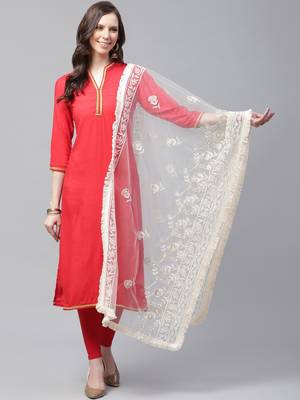 Sutram Net Lakhnavi Cream Embroidery Dupatta 1