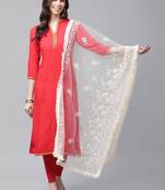 Sutram Net Lakhnavi Cream Embroidery Dupatta