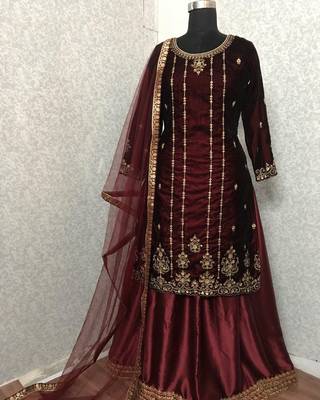 Dark-maroon embroidered velvet salwar 2
