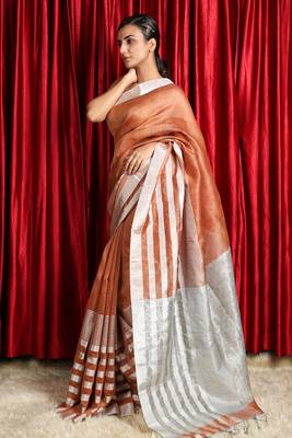  orange  woven linen saree with blouse 2