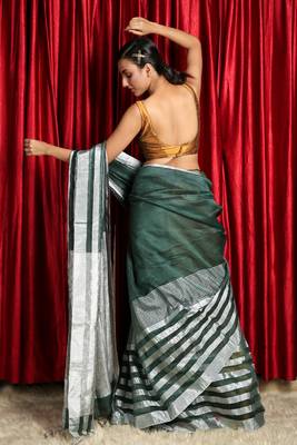  green woven linen saree with blouse 3