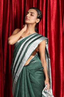  green woven linen saree with blouse 4
