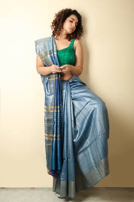  blue woven tussar silk saree with blouse 1