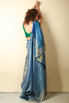  blue woven tussar silk saree with blouse 2