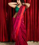 Pink woven blended cotton saree with blouse