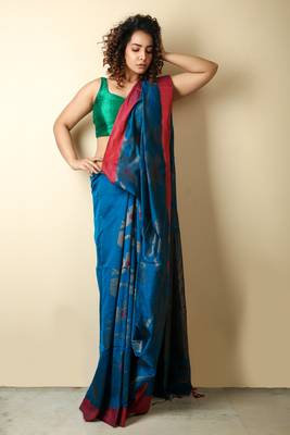  blue woven blended cotton saree with blouse 1