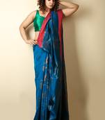  blue woven blended cotton saree with blouse