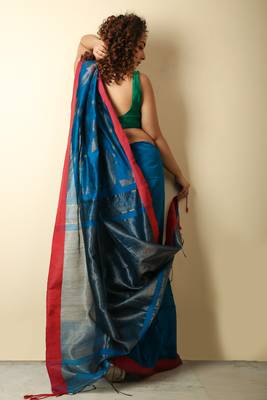  blue woven blended cotton saree with blouse 2