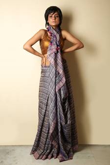 Beige woven jute saree with blouse
