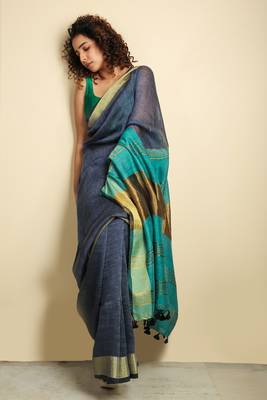  blue woven linen saree with blouse 1