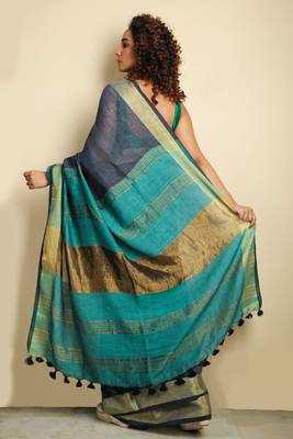  blue woven linen saree with blouse 2