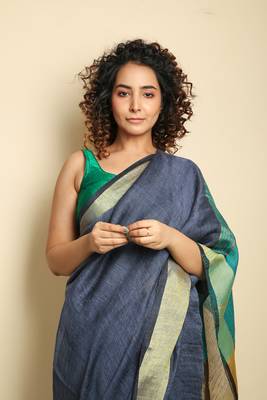  blue woven linen saree with blouse 3